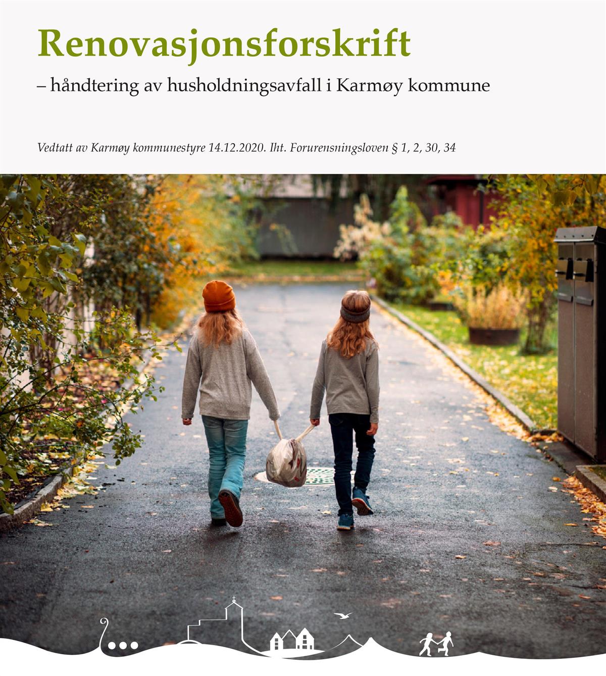 Bildet viser forsiden til renovasjonsteknisk norm. To barn som går bort fra kamera og holder en plastpose med avfall sammen. - Klikk for stort bilde