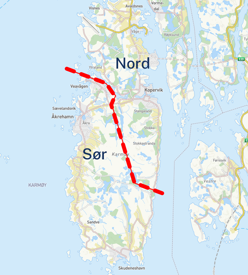 Kart som viser inndeling i nord og sør. - Klikk for stort bilde