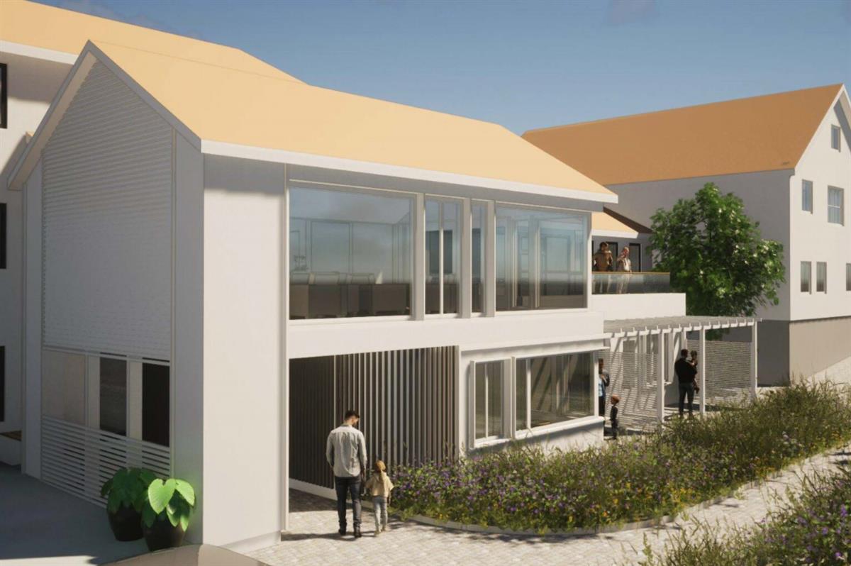 Digital illustrasjon av tilbygg på dagsenter i skudeneshavn - Klikk for stort bilde