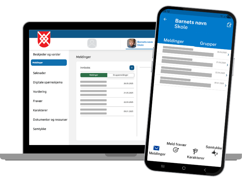 Skjermbilde av Visma Flyt foresattportal vist på en bærbar PC, og Visma Min Skole-app vist på en mobiltelefon. Begge viser meldinger fra skolen, med funksjoner som fraværsregistrering, samtykker og karakteroversikt.