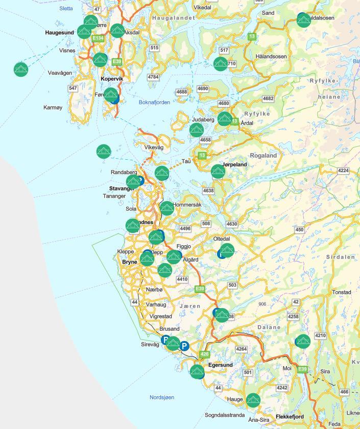 Kart over alle dagsturhyttene i Rogaland - Klikk for stort bilde