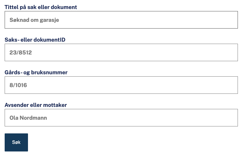 Skjermbilde av avansert søk i postliste med søkefelter for tittel på sak eller dokument, saks- eller dokument-ID, gårds- og bruksnummer samt avsender eller mottaker, og en knapp for å starte søket. - Klikk for stort bilde
