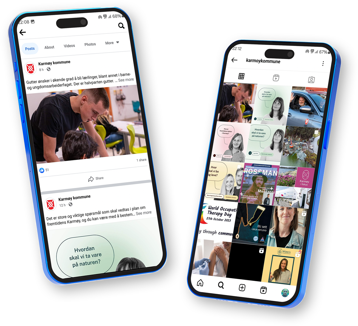 Mobilskjermer som viser facebook og instagram - Klikk for stort bilde