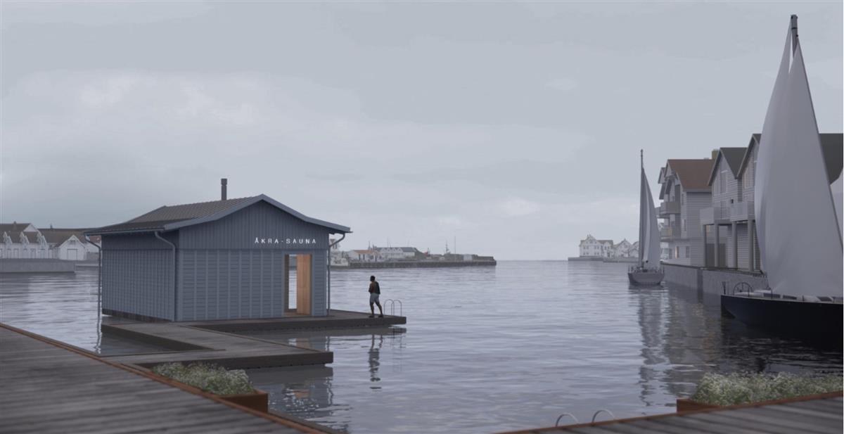 Illustarsjon av havnen i Åkrehamn - Klikk for stort bilde