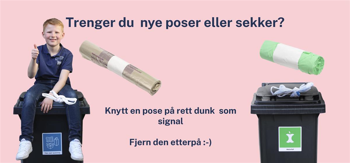 Bildet av gutt som sitter på papirdunk. Bildet viser power knyttet på papirdunk for å få plastretursekker og en pose knyttet på matavfallsdunk for å få boposer. - Klikk for stort bilde