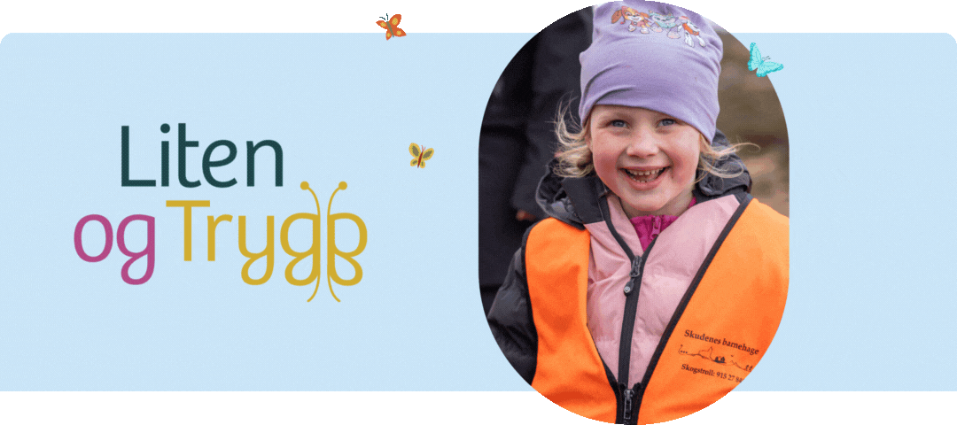 BAnnerdesign til Liten og trygg. Sommerfugler og barn i oval ramme - Klikk for stort bilde